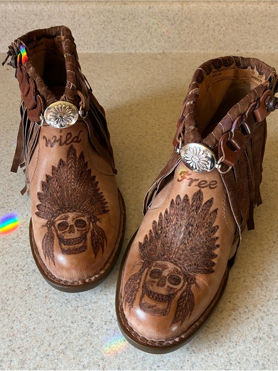 Born Shoes - Born Tan Distressed Leather Fringe Ankle Boot with Etched Skull